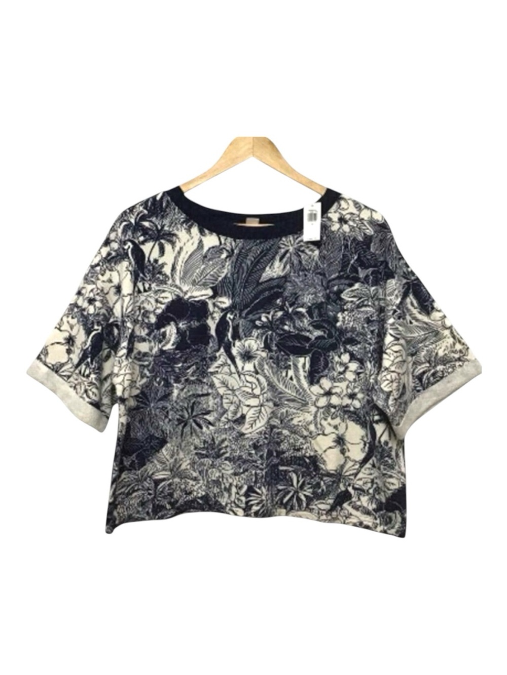 BOXY Old Navy crop sweater top oversiz ecru blue floral short sleeve Mediu